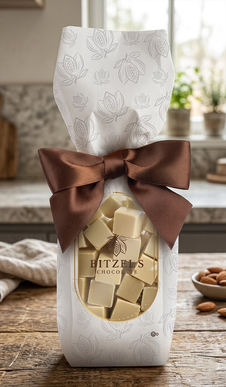 Bitzel's white chocolate gift bag in soft white with a grey cocoa-pod pattern and gold window frame