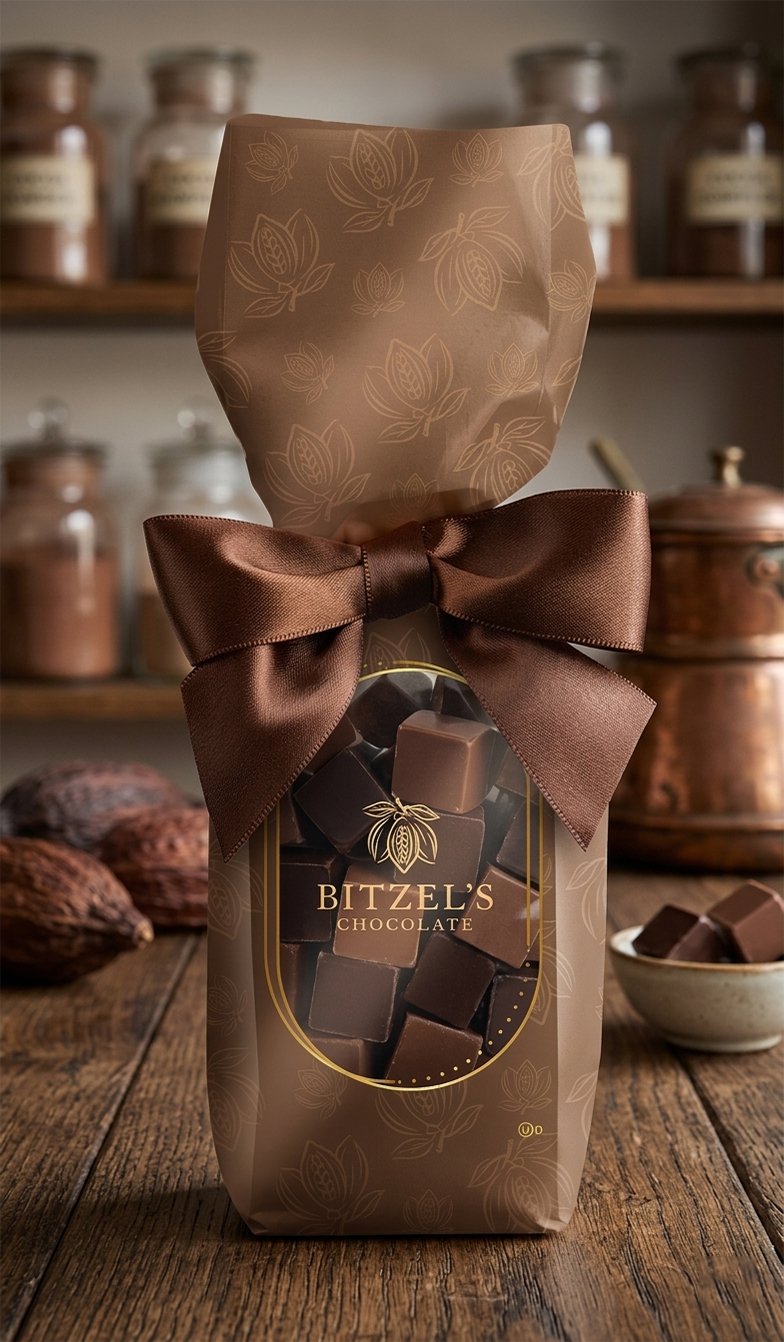 Bitzel's milk chocolate gift bag in a warm brown cocoa-pod pattern with a gold-framed window and satin bow