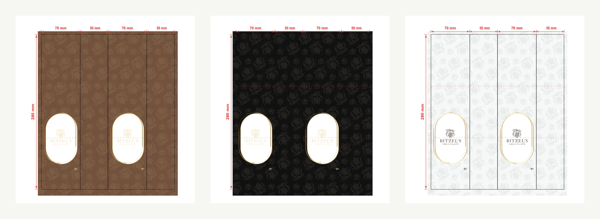 Flat print artwork for the three Bitzel's gift bag colourways on a dieline with 70 mm panels, 50 mm gussets and 280 mm height