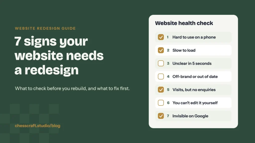 Checklist of seven signs a website needs a redesign: mobile, speed, clarity, brand, enquiries, editing and Google