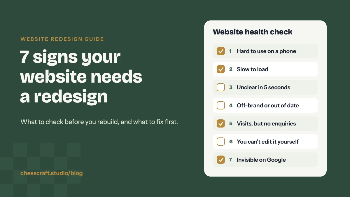 Checklist of seven signs a website needs a redesign: mobile, speed, clarity, brand, enquiries, editing and Google