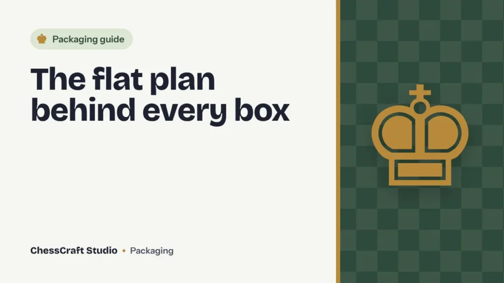 A flat packaging dieline for a tuck end box showing solid cut lines, dashed fold lines, a glue flap, bleed area and safe zone, next to the folded box